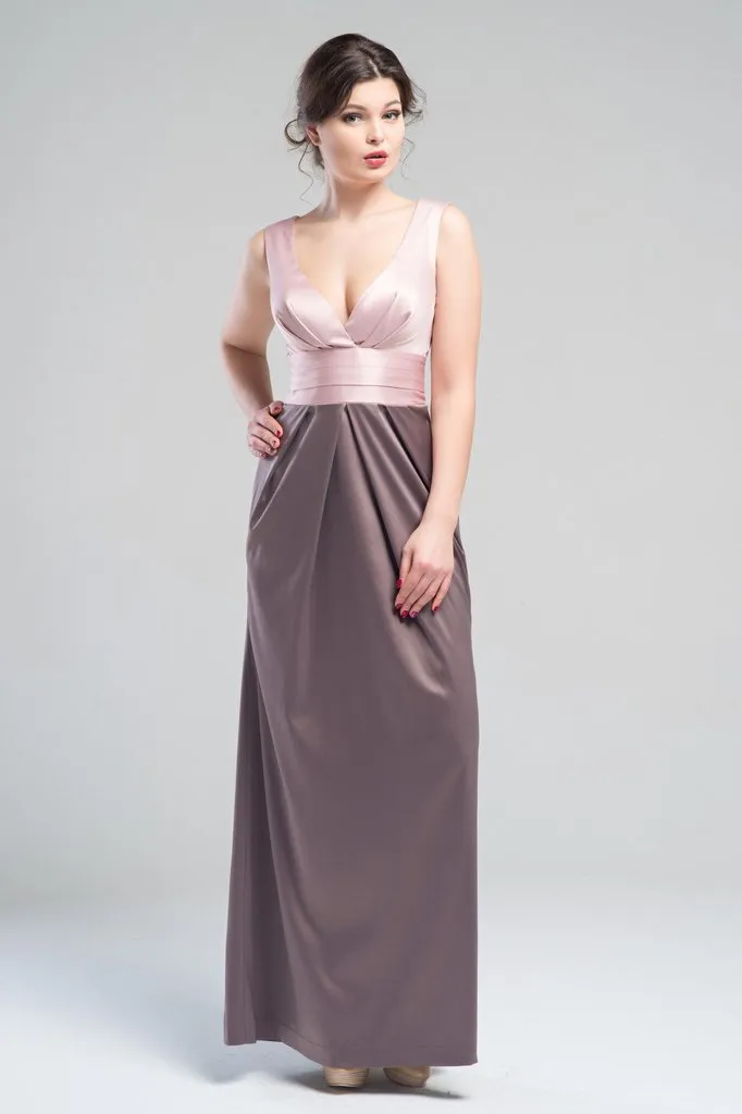 ---Simple two tone adult bridesmaid dress with V neck, shoulder straps, straight cut--