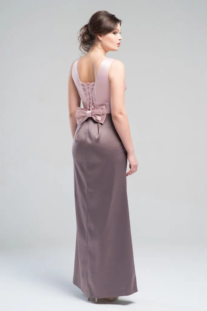 ---Simple two tone adult bridesmaid dress with V neck, shoulder straps, straight cut--