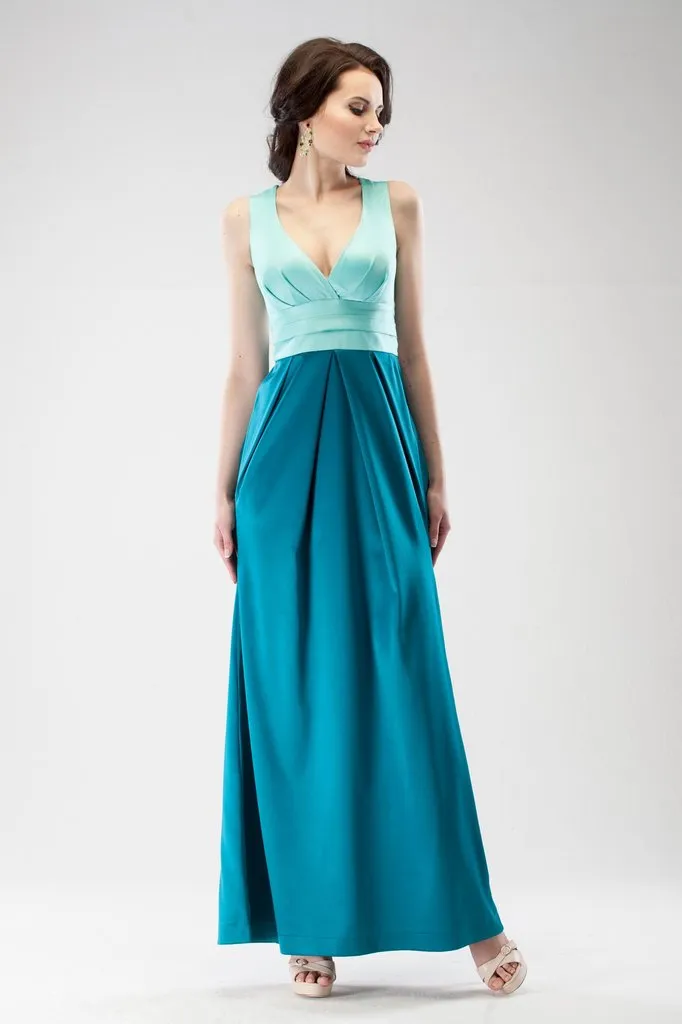 ---Simple two tone adult bridesmaid dress with V neck, shoulder straps, straight cut--