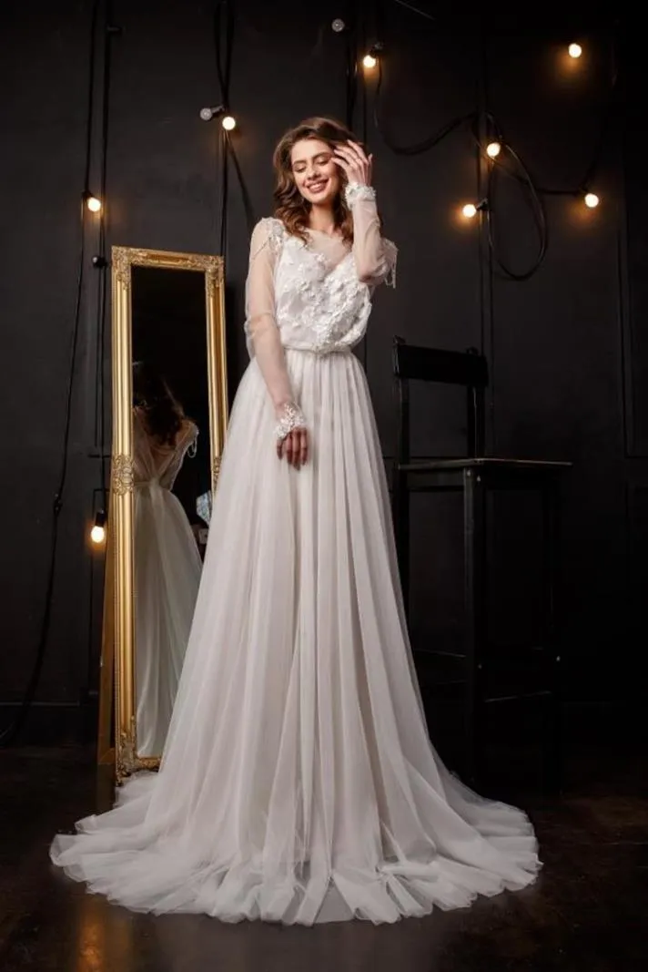 ---Very special bohemian chic wedding dress 2021 with semi-sheer long sleeves--