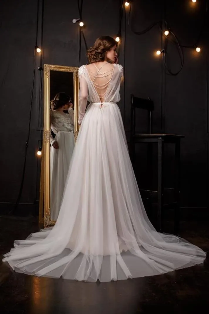 ---Very special bohemian chic wedding dress 2021 with semi-sheer long sleeves--