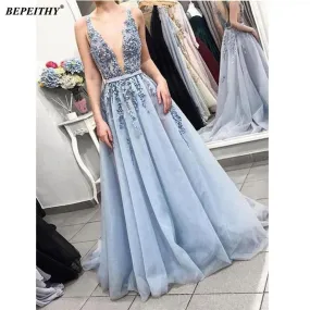 Bepeithy Abito da sera lungo blu di lusso con scollo a V profondo con cintura Vestido De Fiesta Abiti da ballo senza schienale p