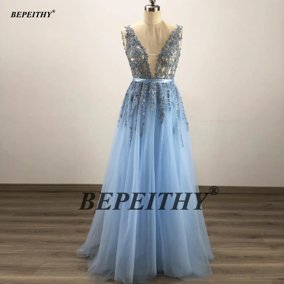 Bepeithy Abito da sera lungo blu di lusso con scollo a V profondo con cintura Vestido De Fiesta Abiti da ballo senza schienale p