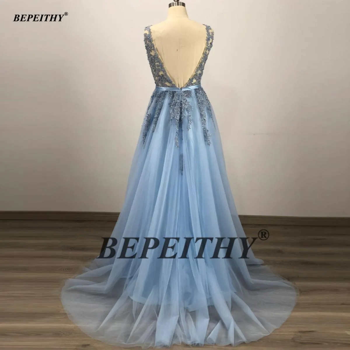 Bepeithy Abito da sera lungo blu di lusso con scollo a V profondo con cintura Vestido De Fiesta Abiti da ballo senza schienale p