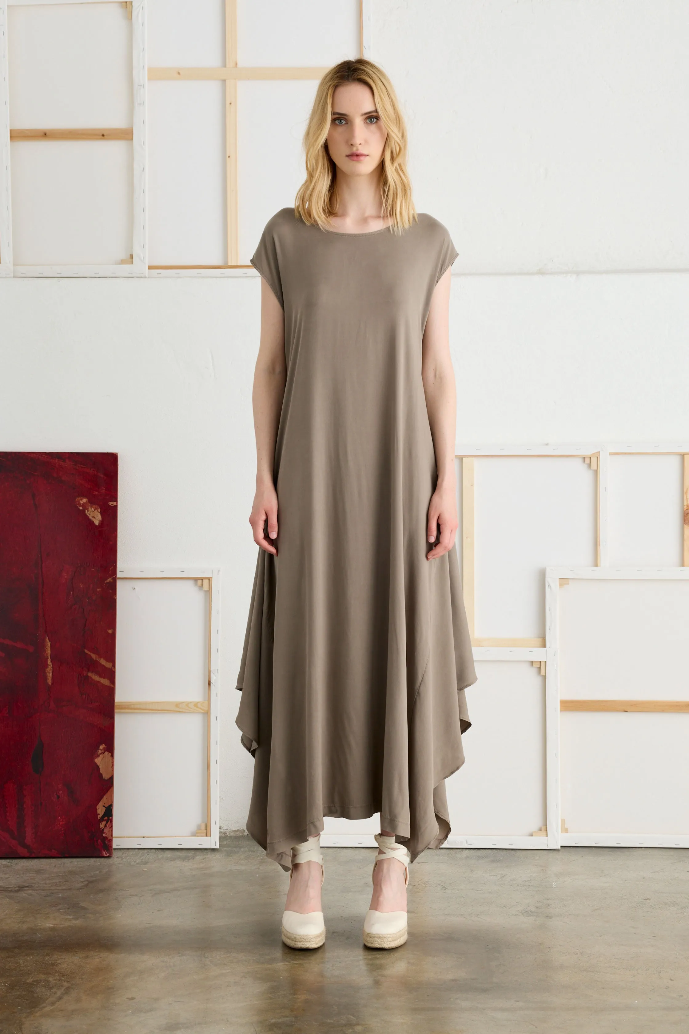 Cupro and Viscose Long Dress with Short Sleeves Garment-Dyed 12F0 6683