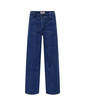 Jeans a vita media wide leg lavaggio scuro in cotone stretch con taschini applicati sul davanti 10-14 anni