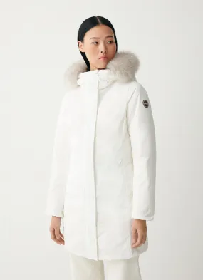 Long jacket with hood and fur trim