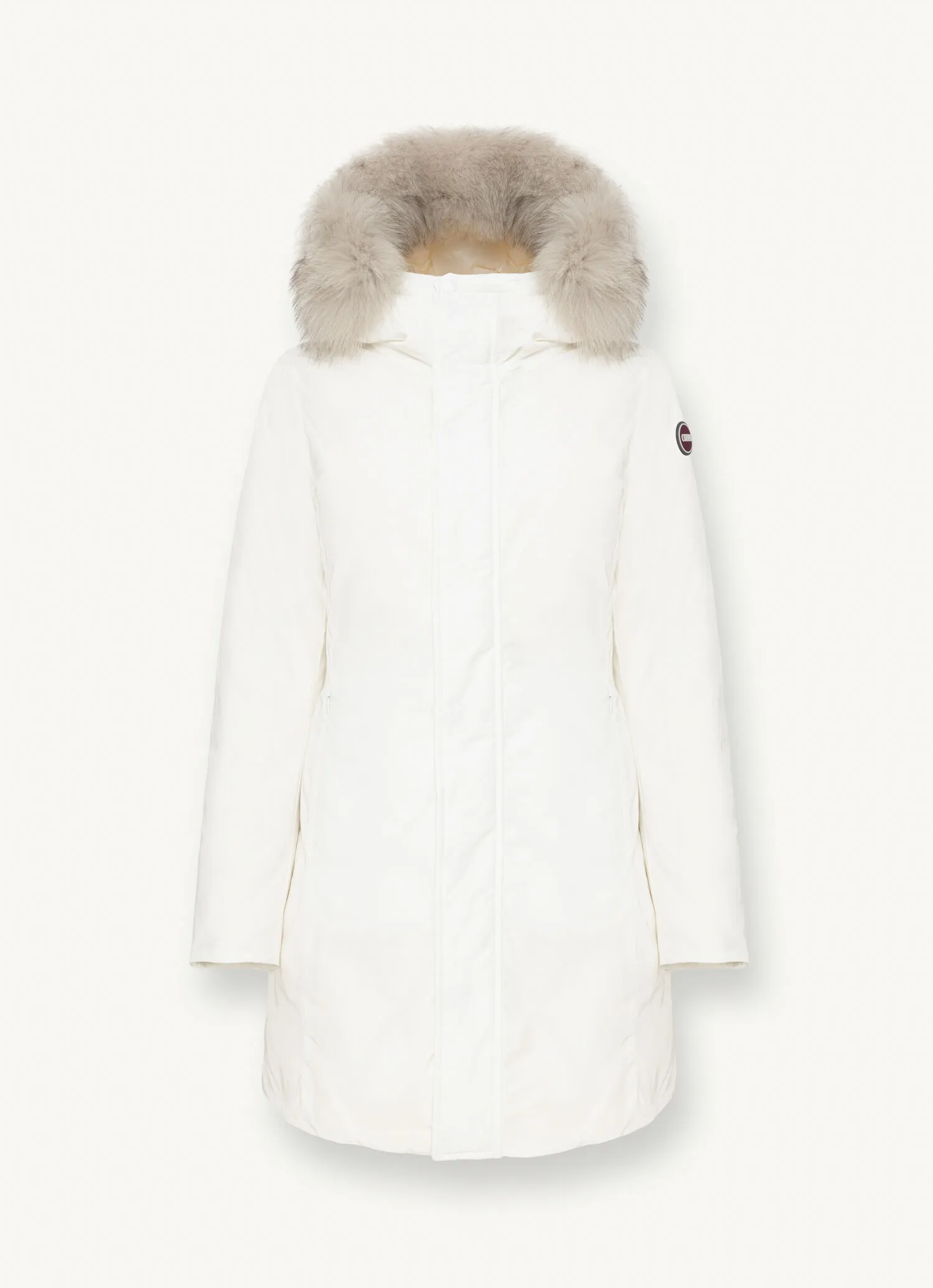 Long jacket with hood and fur trim