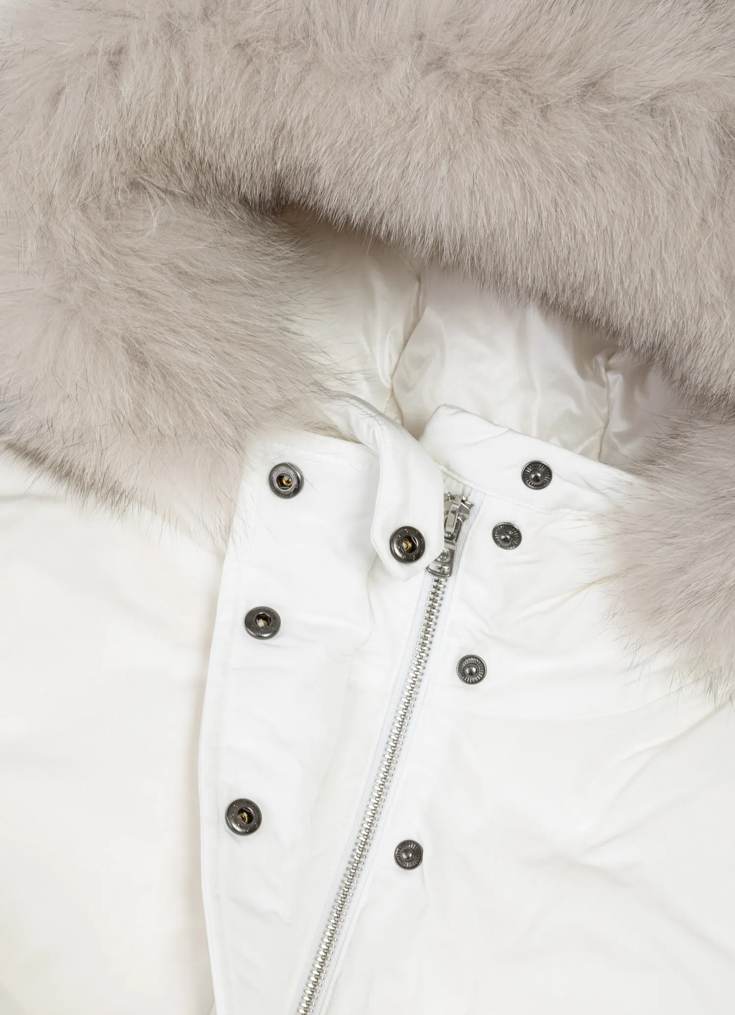 Long jacket with hood and fur trim