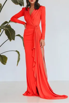 Rhea Costa Kadija Long Hot Coral Jersey Dress