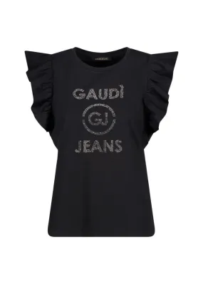 T-shirt stretch con logo e rouches