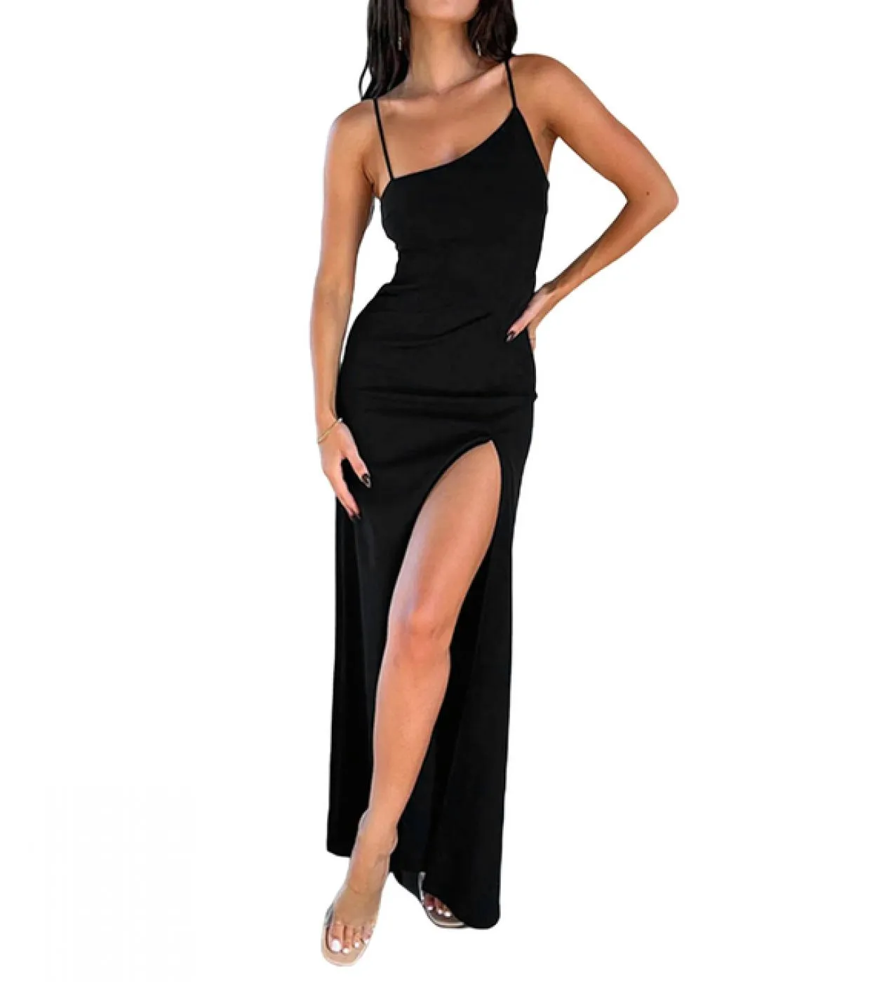 Women  Hhalter Slim Bandage Backless Open Back Dress Solid Color Single Shoulder Thin Straps Hollow Dress