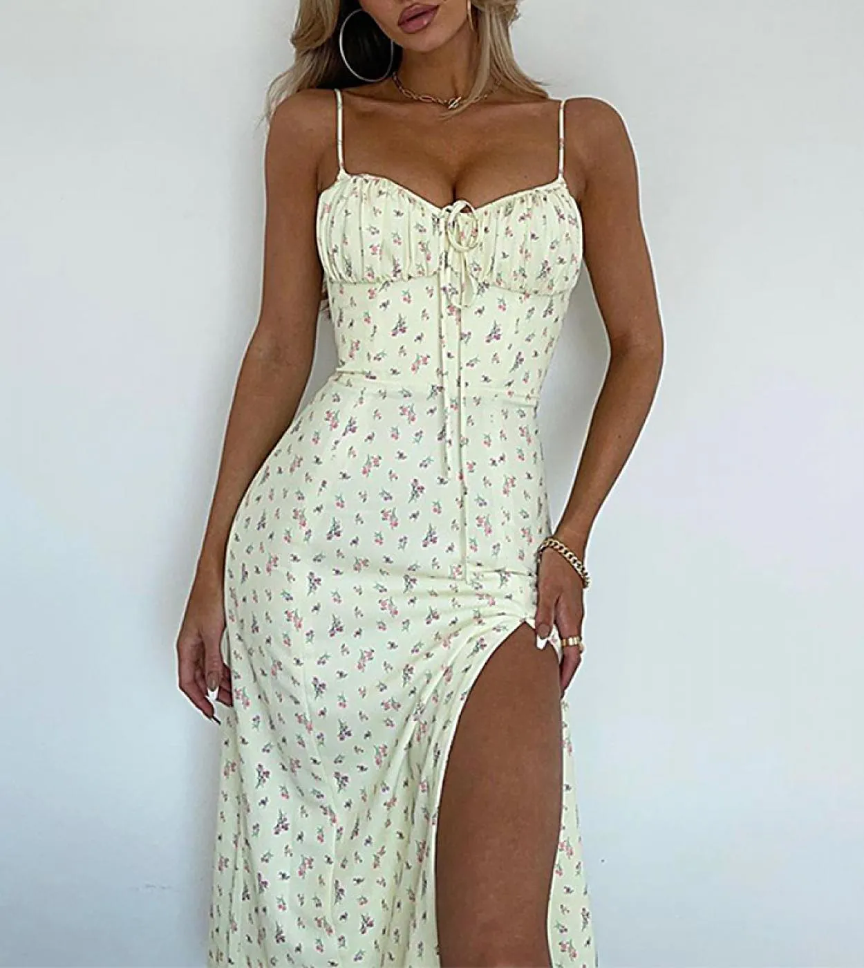 Women Summer Floral V Neck Spaghetti Strap Cam Dress For Woman Robe  Bodycon Split Chic Mid Calf Aesthetic Dress