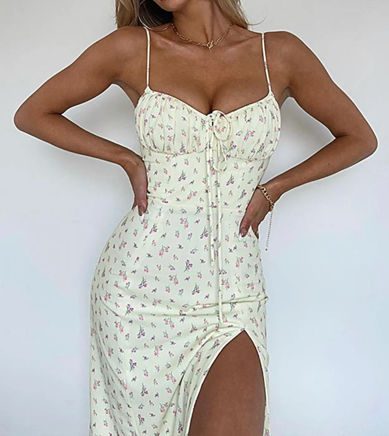 Women Summer Floral V Neck Spaghetti Strap Cam Dress For Woman Robe  Bodycon Split Chic Mid Calf Aesthetic Dress